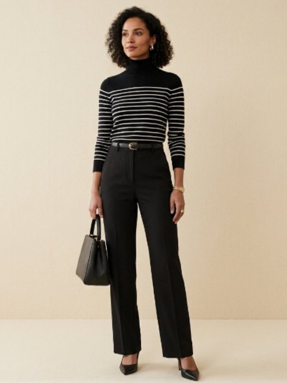 Lauren Ralph Lauren Striped Turtleneck Knit Sweater Size L Black White Cotton